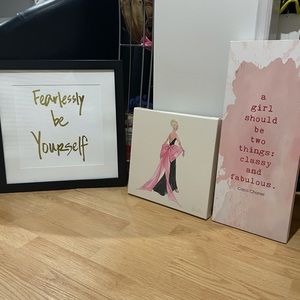 Two printed canvas and one framed art print